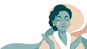 Teal-toned illustration of a serene woman with eyes closed, palms open, and flowing shapes in the background.