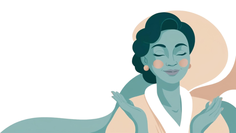 Teal-toned illustration of a serene woman with eyes closed, palms open, and flowing shapes in the background.