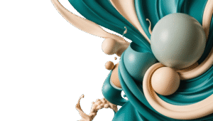 Abstract composition of teal and cream spheres and flowing shapes on a black background, evoking movement and creative energy.