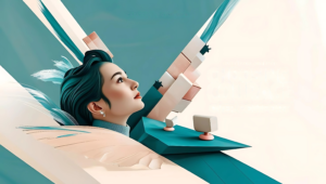 Abstract illustration of a woman with teal hair looking upward, symbolizing personal growth and the courage to embrace new possibilities