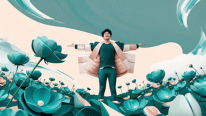 Person wearing teal and pink clothing with arms outstretched, surrounded by large teal flowers against a peach and teal abstract background